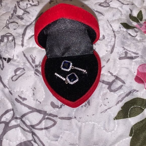 White Gold Blue Gem Square Drop Earrings - Picture 6 of 8